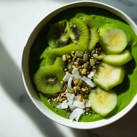 Vibrant green smoothie bowl presenting kale, cucumber, and kiwi, a healthy breakfast option.