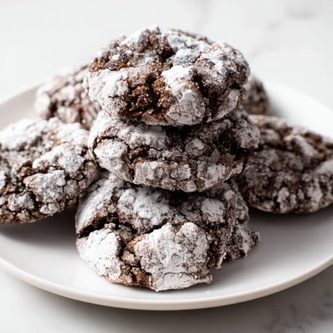 Cracked powdered sugar coats the dark, rich Chocolate Gingerbread Crinkle Cookies in a holiday spread.