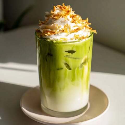 Vibrant image of a refreshing Toasted Coconut Gingerbread Iced Matcha, perfect for a cozy afternoon treat.
