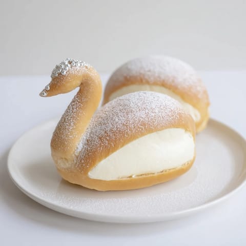 Elegant swan-shaped pastries from the Feathered Friend recipe, dusted with powdered sugar, ready to eat.