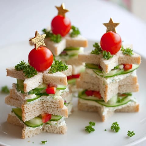 Holiday-ready Stacked Star Christmas Tree Sandwiches: Bite-sized bread stars stacked creatively with veggie toppings.