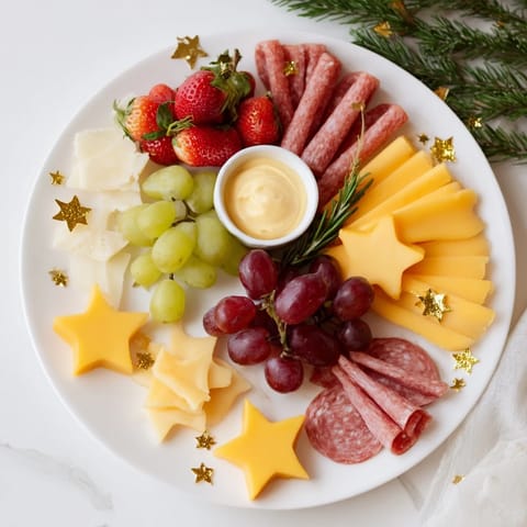 Savory cured meats and star-cut veggies complement the vibrant Happy New Year 2026 Star Board for guests.
