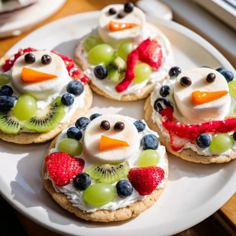 This festive Melting Snowman Fruit Pizza features a creamy frosting base, ripe fruit, and cheerful snowman faces.