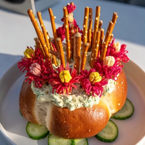 Vibrant image shows The Desert Cactus Bloom, an edible appetizer featuring cucumber pads and a creamy base.