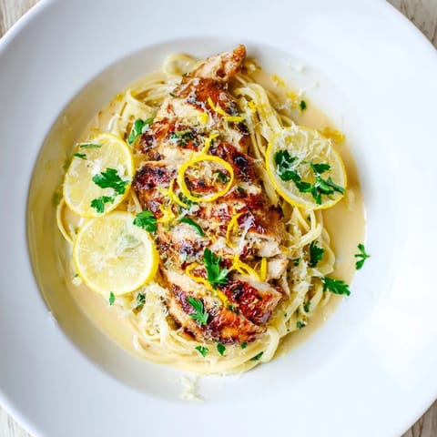 A close-up of Pasta with Lemon Brûlée Chicken, showcasing the glistening sauce and lemon zest garnish.