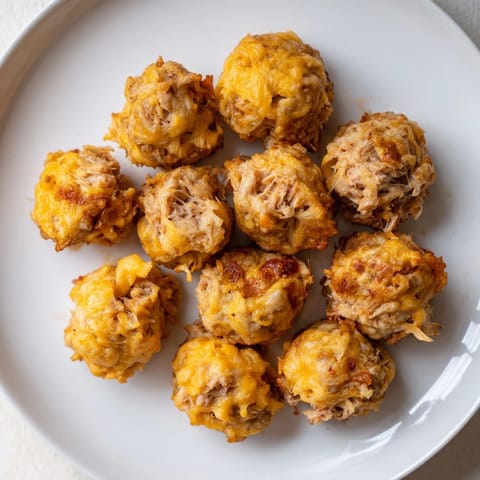 Warm and savory Chicken and Sausage Bisquick Balls, ready to serve dipped in your favorite sauce.