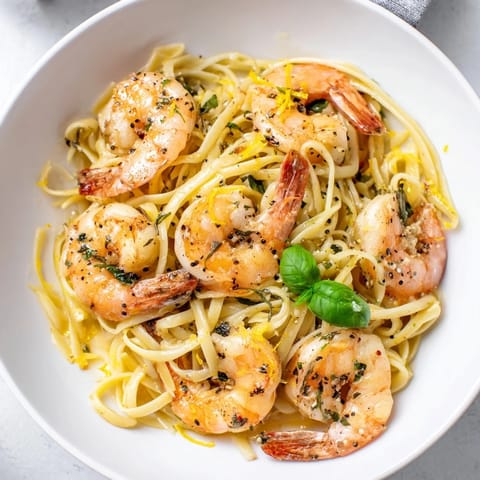 Vivid image of Lemon Herb Pasta with Shrimp, succulent shrimp and fresh herbs tossed in pasta.