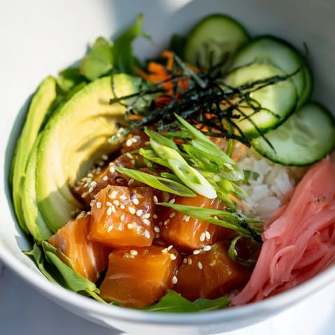 Imagine a refreshing Poke Bowl Salad with marinated fish atop a bed of crisp greens and rice.