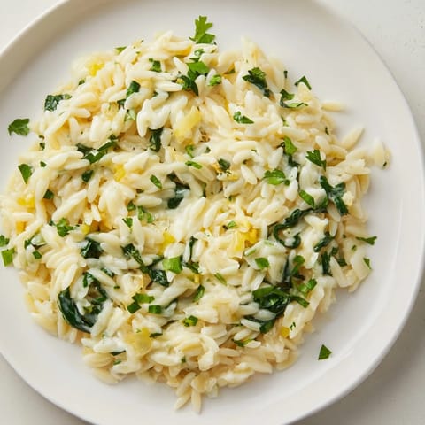 A photo of golden, creamy One-Pot Creamy Orzo, ready to be enjoyed with family at dinner.