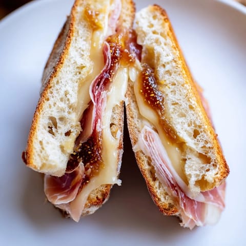 A delightful view: warm Crispy Prosciutto & Fig Panini, sliced, showcasing melty cheese and cured meats.