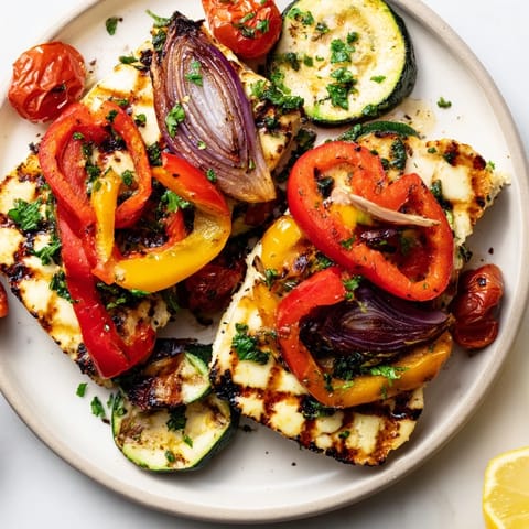 A deliciously grilled Grilled Halloumi Cheese Steak alongside colorful, charred peppers and zucchini for dinner.