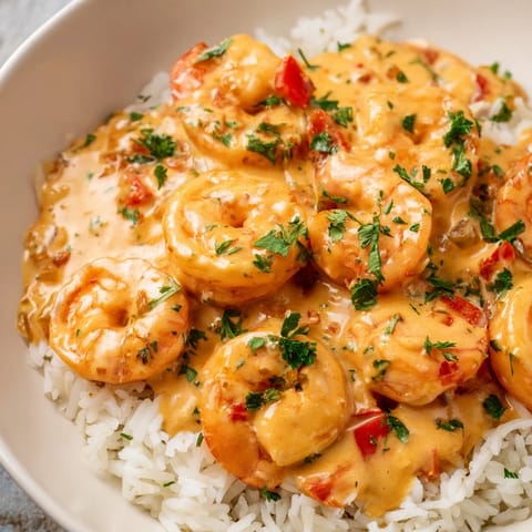 A vibrant serving of Creamy Cajun Shrimp Rice Bowl, featuring juicy shrimp in a spicy cream sauce over a bed of steaming jasmine rice.