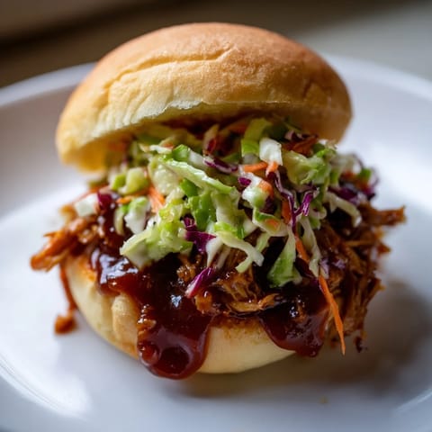 Juicy pulled BBQ chicken sliders topped with creamy slaw on toasted mini buns.  