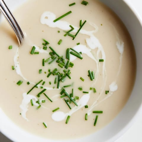 A bowl of celery root bisque with truffle oil drizzle and crusty bread.