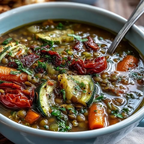 A close-up of rich Lentil and Vegetable Soup in a rustic bowl, topped with a squeeze of fresh lemon.