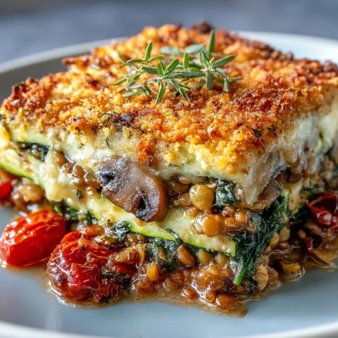 Freshly baked Green Lentil and Vegetable Casserole with golden, bubbly Parmesan and breadcrumb topping, served in a white ceramic dish.