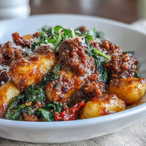 Hearty homemade Sausage Gnocchi with Kale served in a white bowl, topped with fresh basil and Parmesan.