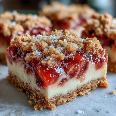 Fresh Rhubarb and Custard Crumble Bars reveal tangy fruit swirls and vanilla custard beneath a crispy, golden crumble, perfect for a sweet snack.