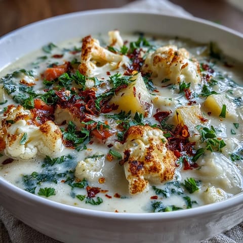 A hearty, gluten-free bowl of Vegetarian Cauliflower Chowder with tender potatoes and carrots, served with a slice of crusty bread.  