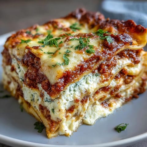 Perfectly sliced Worlds Best Lasagna on a plate, revealing generous layers of pasta, ricotta, and savory beef.