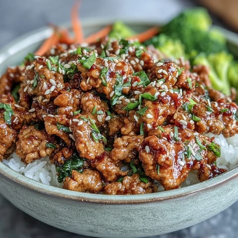 A close-up of sautéed Korean-Style Ground Turkey with a glossy, spicy-sweet sauce and aromatic garlic and ginger.