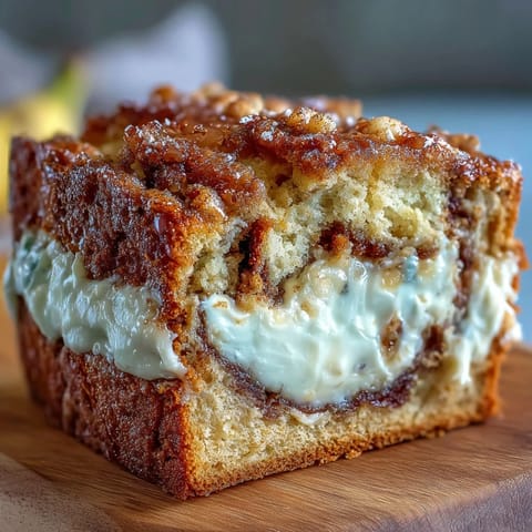 A thick slice of Cream Cheese Cinnamon Swirl Banana Bread is lifted from the loaf, revealing moist banana cake and a creamy center.