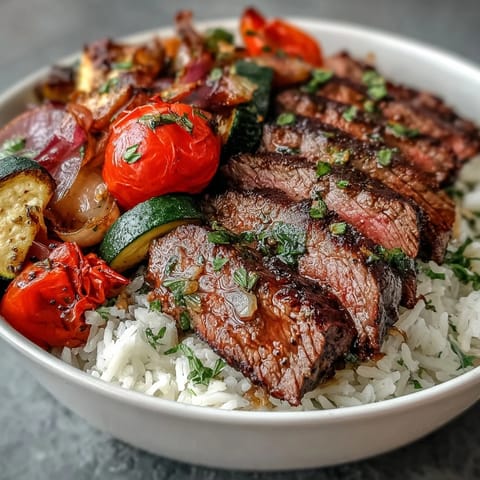 A close-up view shows juicy, perfectly cooked steak alongside caramelized cherry tomatoes and red onions, all arranged in a hearty sheet pan steak and veggie bowl ready for a weeknight dinner.