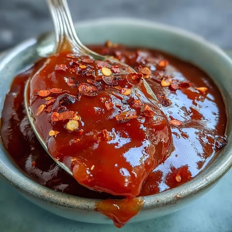 Vibrant Guava BBQ Sauce simmers in a saucepan with spices, perfect for slathering on pulled pork sandwiches. 