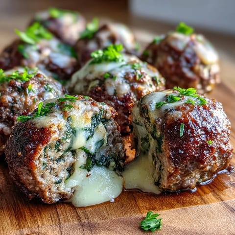 A skillet holds four juicy Spinach Garlic Meatballs simmering in marinara sauce, perfect for a classic Italian-American dinner.