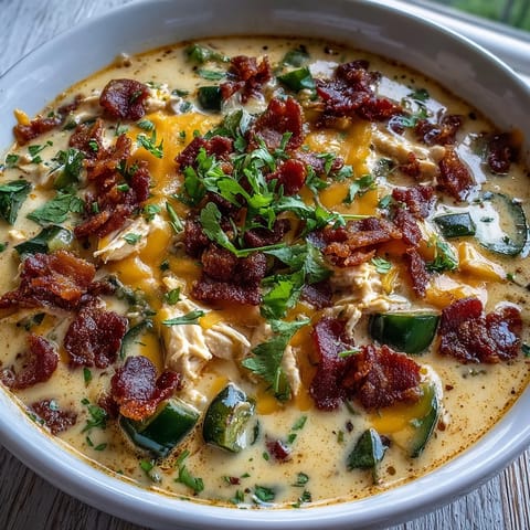 Creamy Spicy Jalapeño Popper Chicken Soup in a rustic bowl, topped with crumbled bacon and fresh cilantro for a cozy dinner.