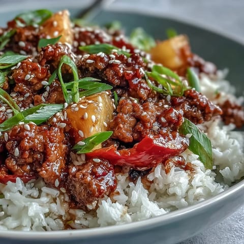 Savory ground turkey, bell peppers, and juicy pineapple chunks in a glossy sweet-and-sour sauce piled high over fluffy rice in a skillet.