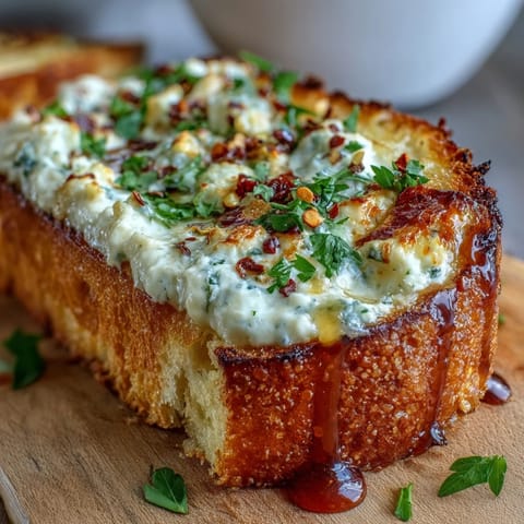 Golden-baked Hot Honey Ricotta Garlic Bread is topped with creamy ricotta, garlic, and a sweet-spicy hot honey drizzle.