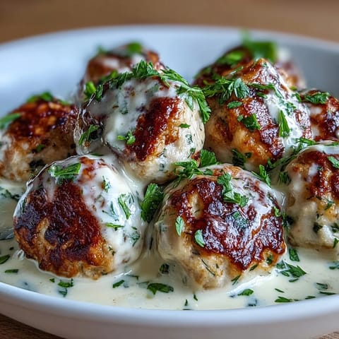 Tender baked turkey meatballs coated in a rich, garlicky ranch cream sauce, ready to serve.