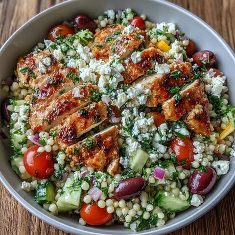 Tossing the Mediterranean Pearl Couscous Chicken Bowls with a zesty red wine vinaigrette highlights olives and fresh parsley.