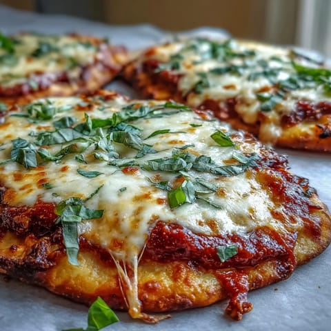 Golden, bubbly mozzarella melts over a saucy Garlic Naan Margherita Pizza, with fresh basil leaves and crisp naan edges on a baking sheet.