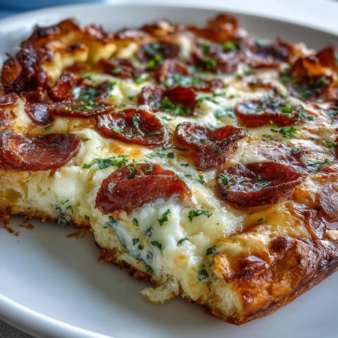 A slice of High-Protein Pizza Breakfast Casserole shows melty mozzarella, savory turkey pepperoni, and fluffy eggs on a Greek yogurt crust.