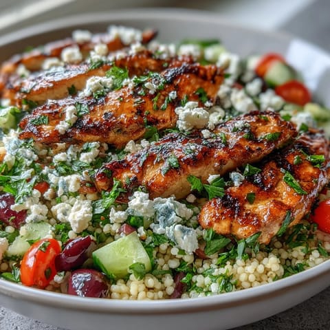 Close-up of golden, lemon-feta marinated chicken strips sizzling in a skillet for Mediterranean Pearl Couscous Chicken Bowls.