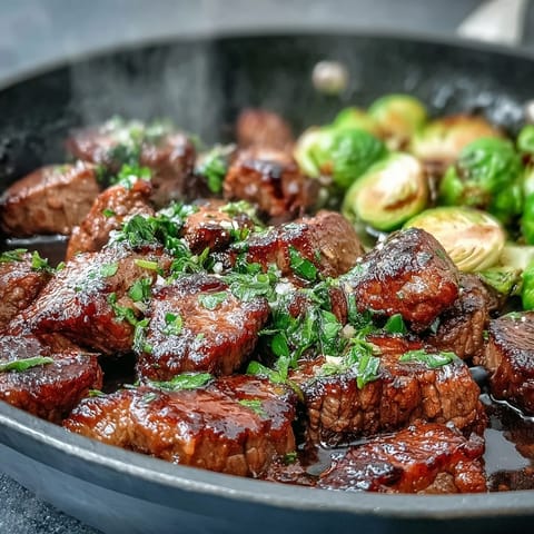 Sizzling steak bites are tossed in aromatic lemon garlic butter sauce, served hot alongside tender, caramelized Brussels sprouts for a keto dinner.