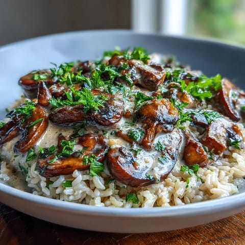Savory Vegan Mushroom Stroganoff over Brown Rice with rich, glossy sauce next to a fork for serving.