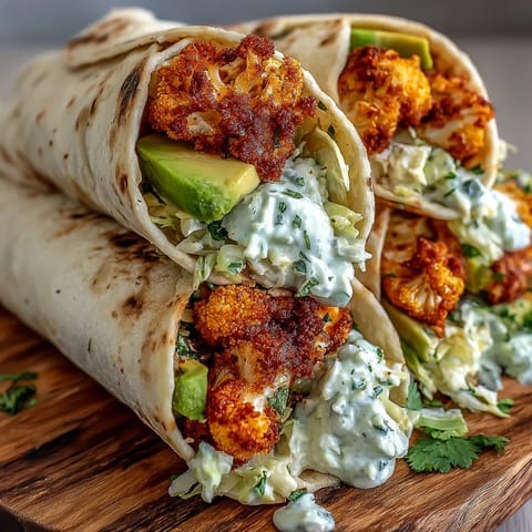 Golden-baked cauliflower spears glisten in buffalo sauce inside a warm, soft flour tortilla wrap.