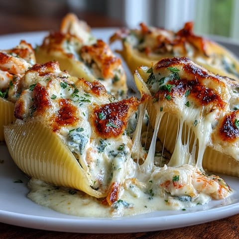 Creamy Seafood Stuffed Shells filled with lobster and crab in a rich Parmesan sauce, baked to golden perfection.  