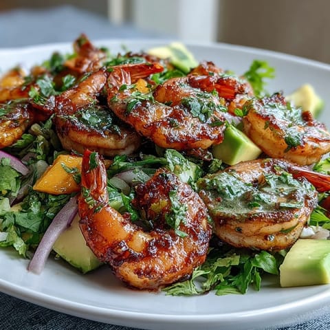 A colorful, summer-ready salad with grilled shrimp, ripe mango, and avocado, drizzled in zesty chili-lime dressing.  