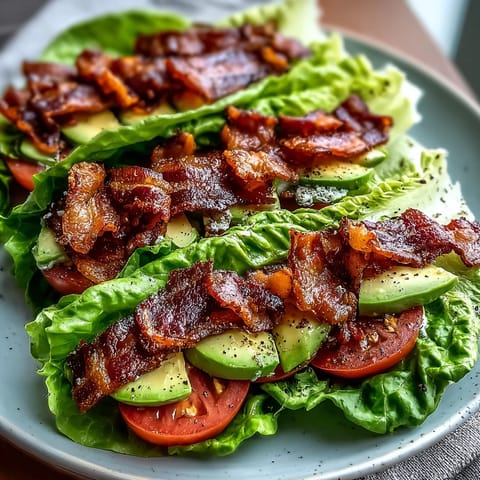 Keto BLT Lettuce Wraps with Garlic Mayo and Cracked Pepper, fresh and crispy, loaded with smoky bacon and creamy avocado.