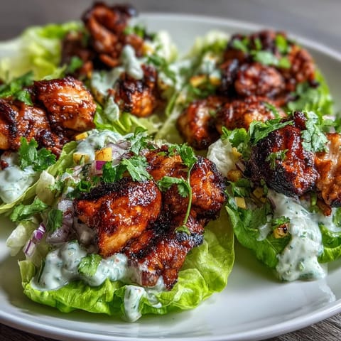 Colorful jerk chicken lettuce wraps topped with vibrant mango salsa, red bell pepper, and jalapeño, drizzled with tangy coconut crema for a tropical twist.  