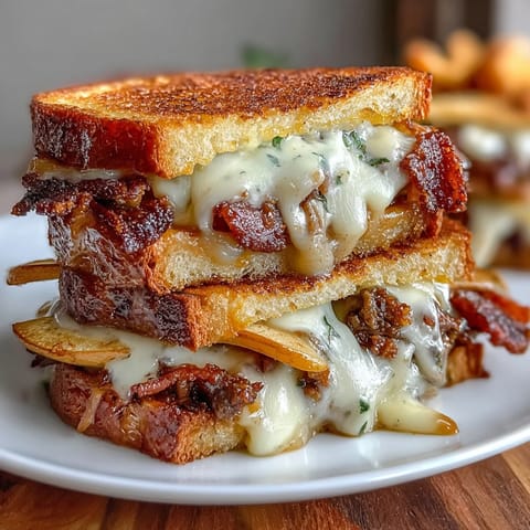 A golden-brown grilled cheese with sharp cheddar, smoky beef bacon, crisp apple slices, and a drizzle of hot honey for a gourmet twist.