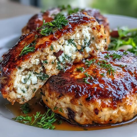 Mediterranean chicken patties with feta, herbs, and olives, golden and juicy in a skillet.