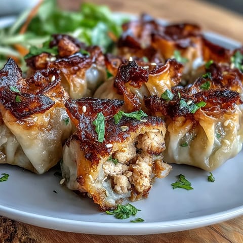 Crispy rice paper dumpling bites filled with seasoned chicken and colorful vegetables, pan-fried to golden perfection.  