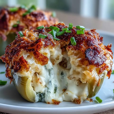 Creamy funeral potatoes stuffed inside vibrant bell peppers, topped with crispy cornflake crust and melted cheese.  
