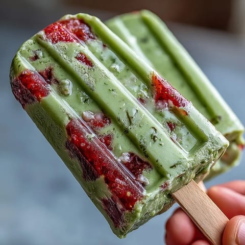 Creamy strawberry matcha latte popsicles with vibrant red and green layers, perfect for a refreshing summer treat.