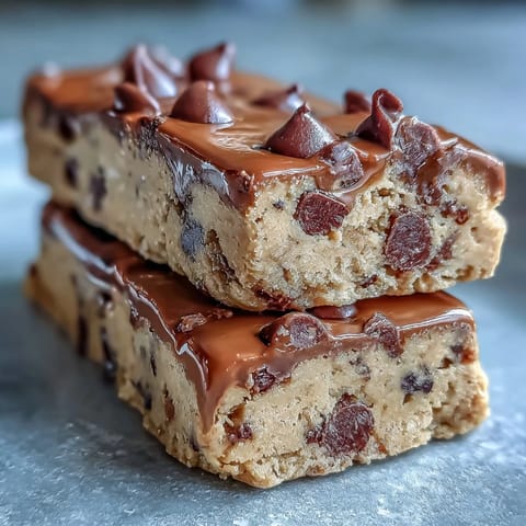 1. Chewy edible cookie dough protein bars with chocolate chips, perfect for a healthy post-workout snack or sweet treat.  